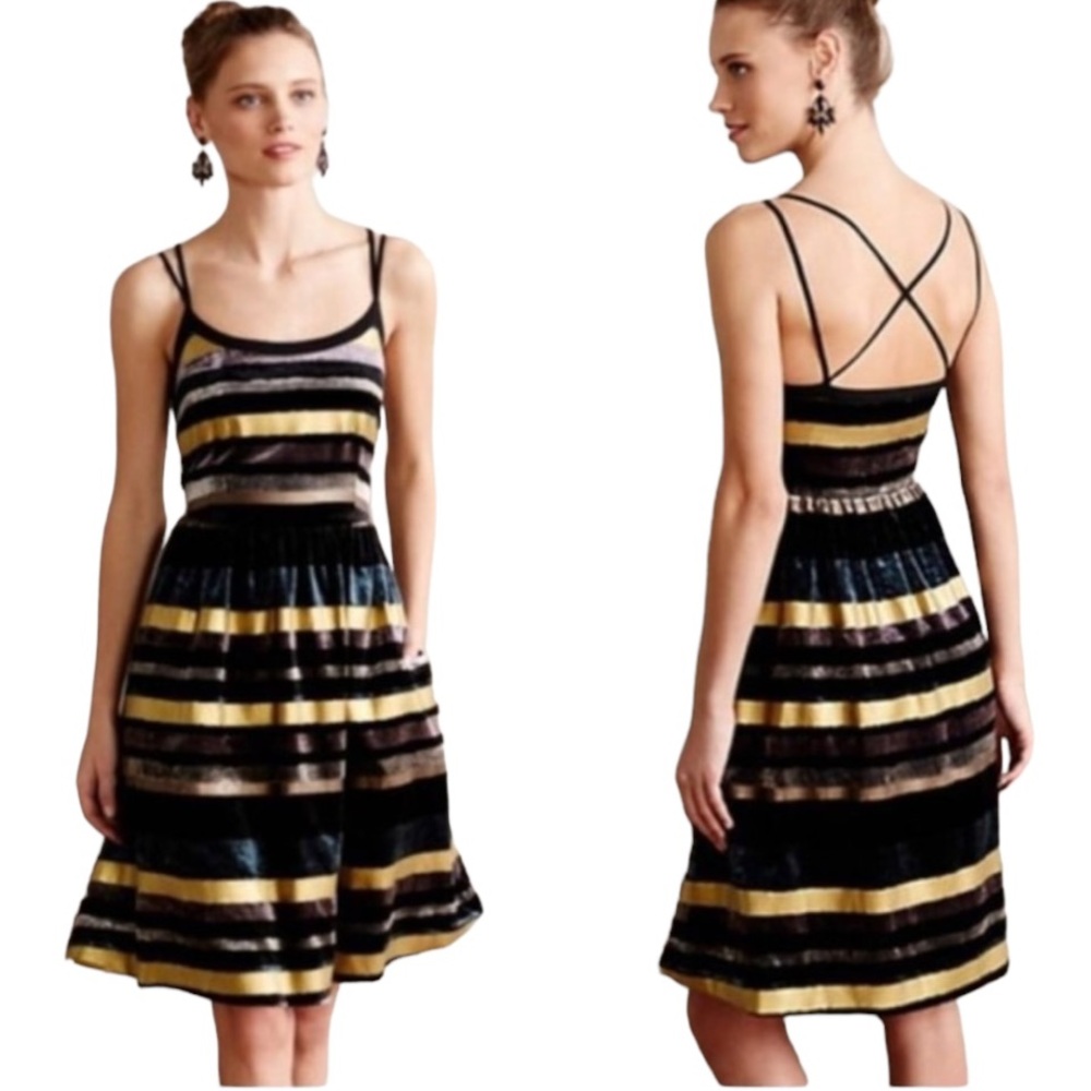 Anthropologie Wolven Ada Velvet Metallic Gold Striped Scoop Neck Slip Dress - 4